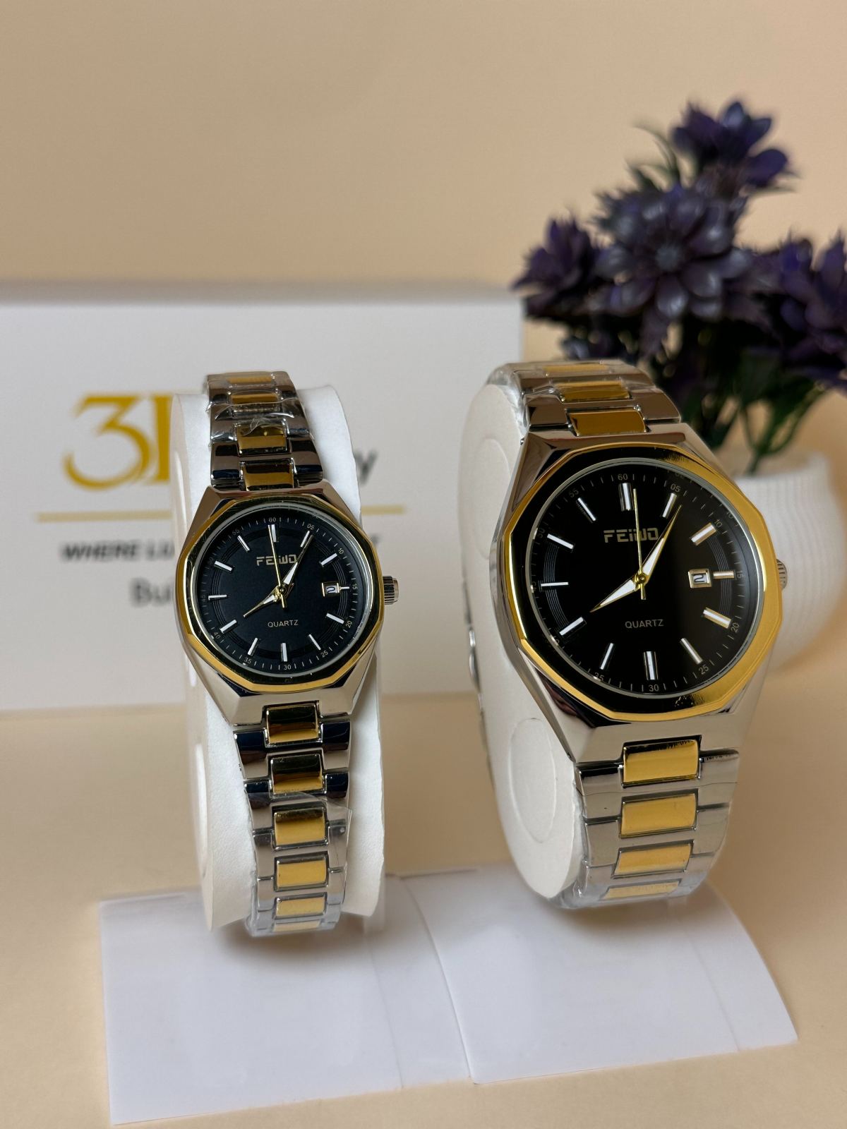 FEIWO Diamond Cut Couple Watch in Black Dial || Two-Tone — 3bLegacy Watches, view 1