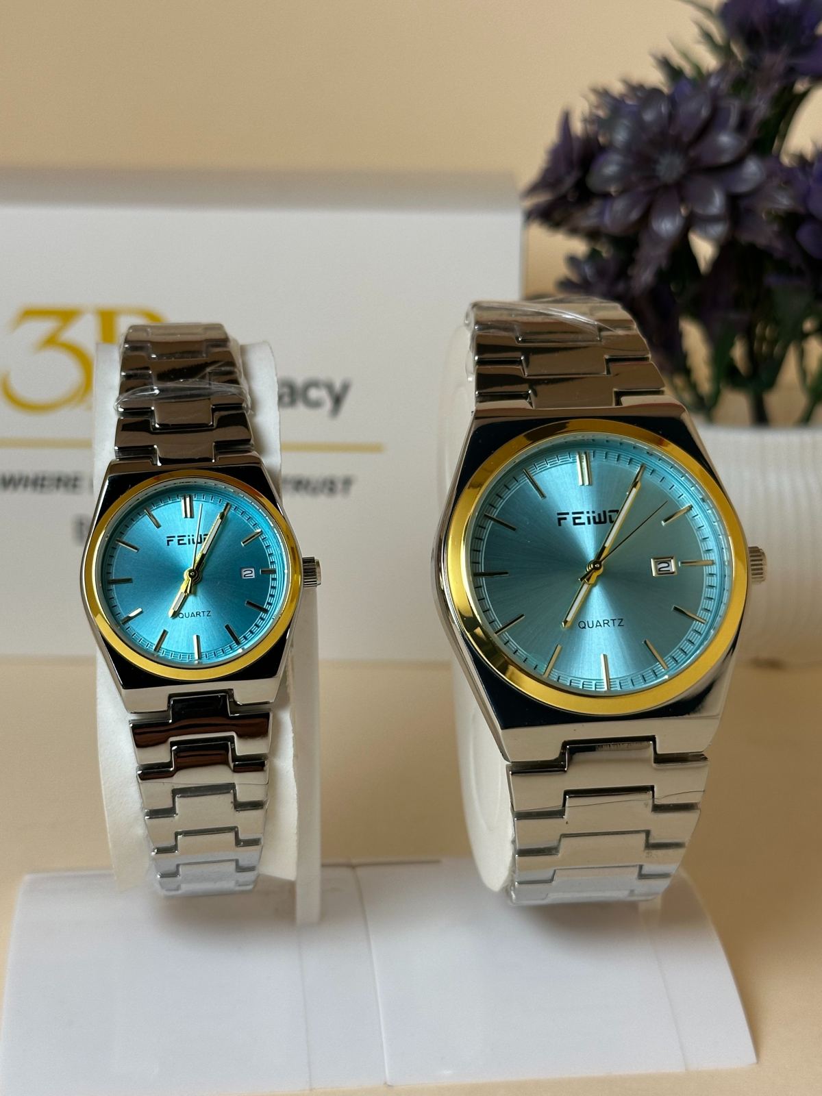 FEIWO Diamond Cut Couple Watch in Tifny Dial || Silver Chain — 3bLegacy Watches