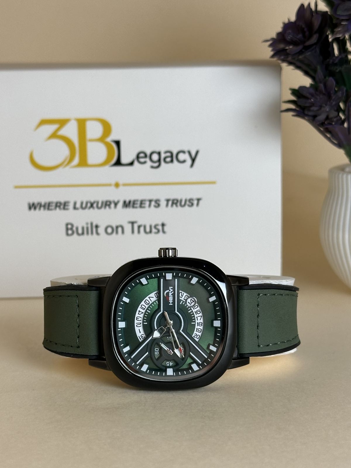 Heryi Square Dial in Green — 3bLegacy Watches, view 1