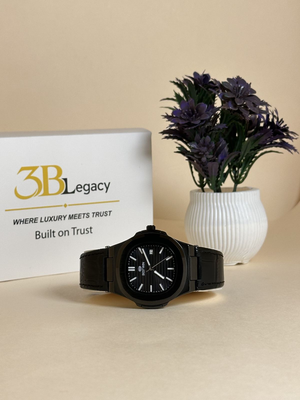BESTWIN Octagon Classic Watch in Black Dial || Black Strap — 3bLegacy Watches, view 2