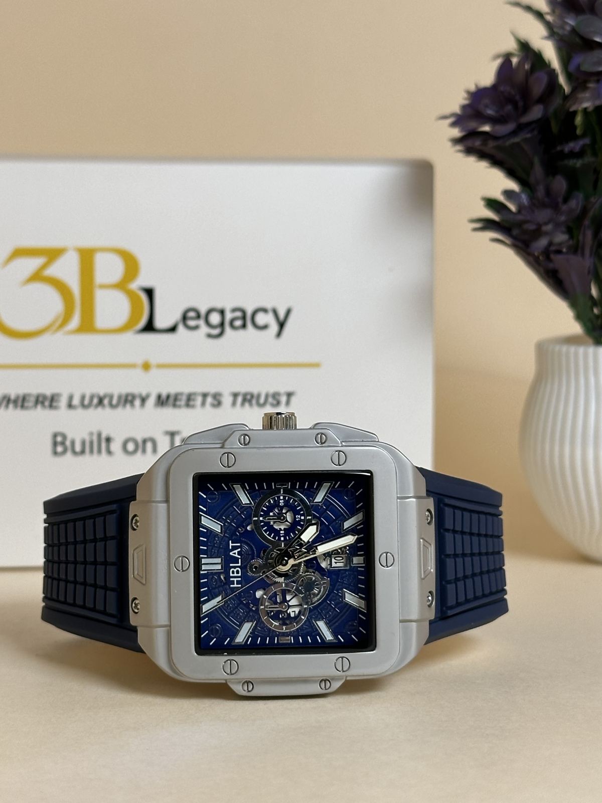 HBLAT Square Chronograph Watch in Blue — 3bLegacy Watches, view 2