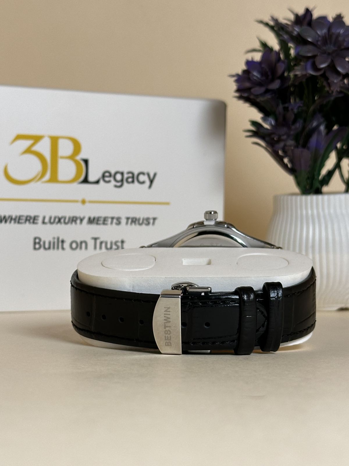 BESTWIN Octagon Classic Watch in Black Dial || Black Strap — 3bLegacy Watches, view 3