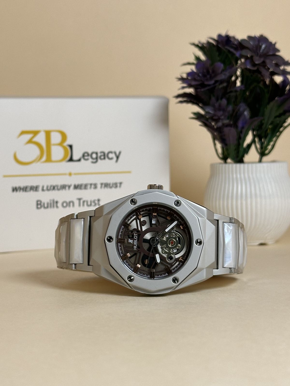 Hublot Diamond Cut Heavy Watch in Brown Dial || Silver Chain — 3bLegacy Watches, view 1