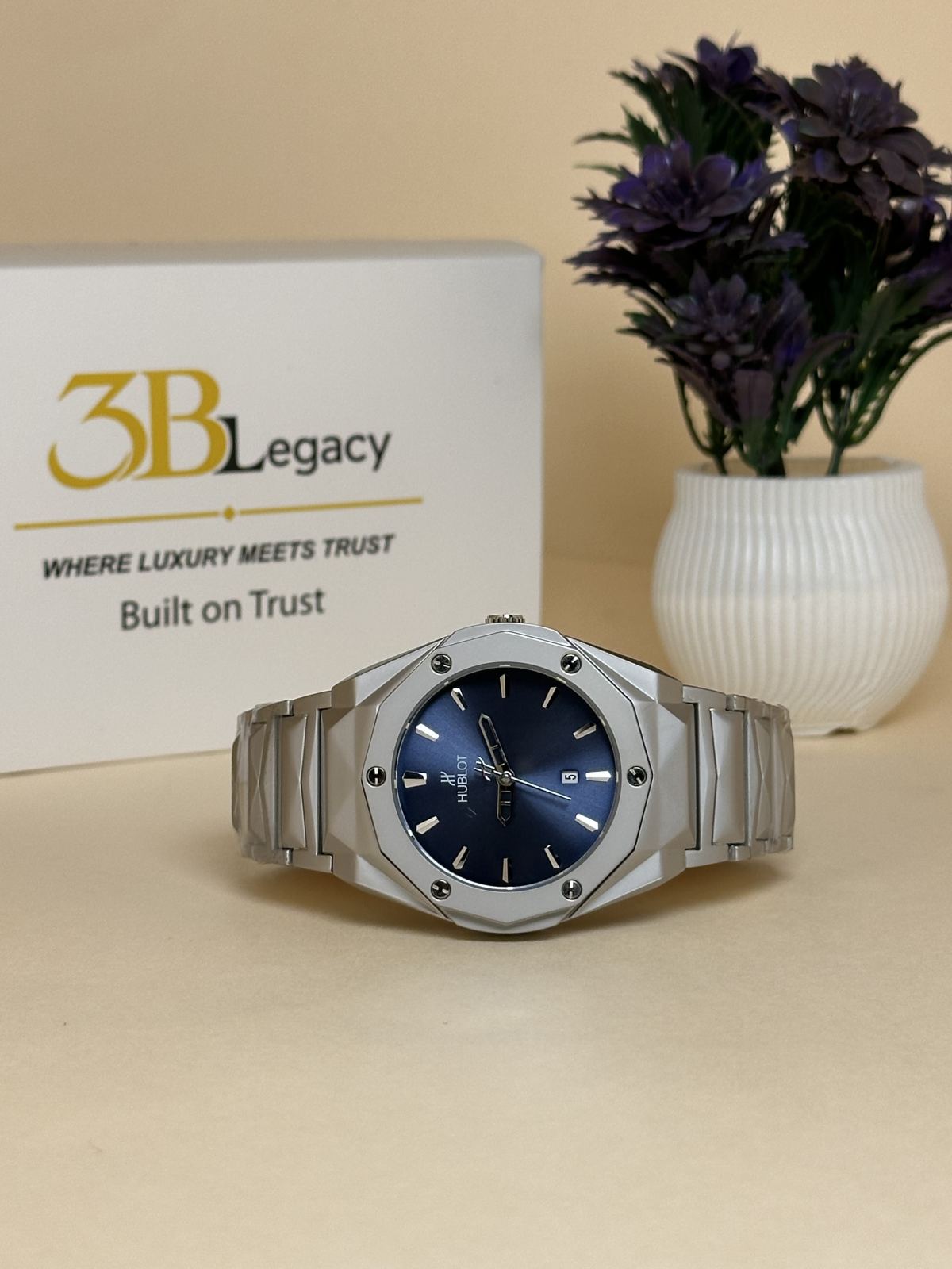 Hublot Diamond Cut Heavy Watch in Blue Dial || Silver Chain — 3bLegacy Watches, view 2