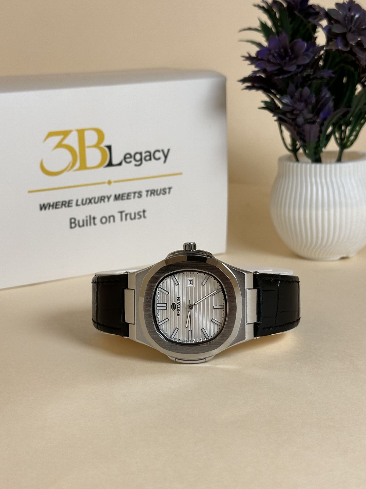 BESTWIN Octagon Classic Watch in White Dial || Black Strap — 3bLegacy Watches, view 1
